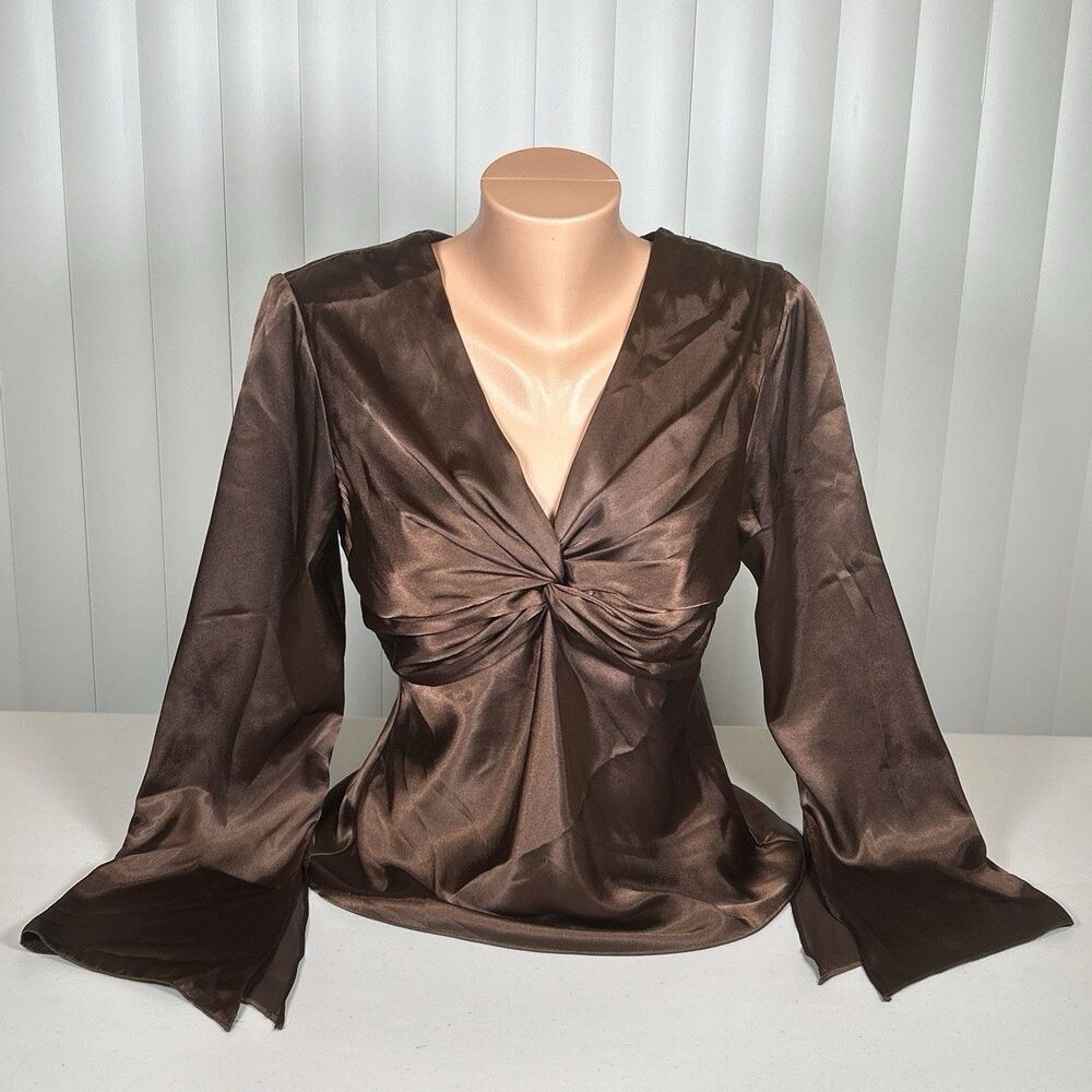VTG JS Edward Brown Satin Twist Front Blouse Flared Sleeve V-Neck Top Size M